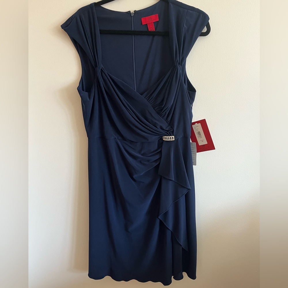 JS Collections Rich Navy Blue Capped Sleeve V-neck Cocktail Dress size 16 NWT